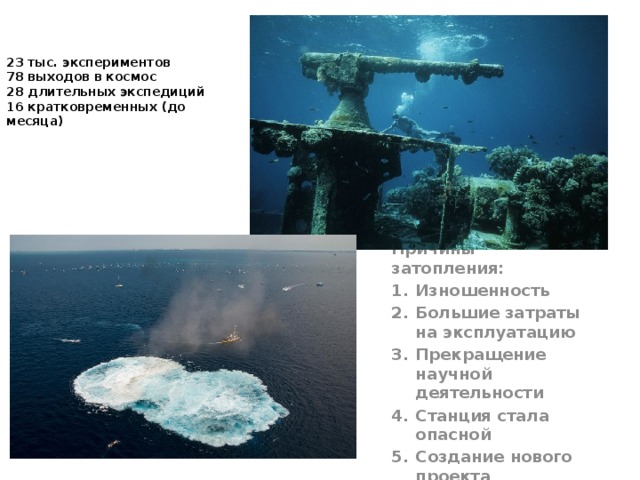 23 тыс. экспериментов  78 выходов в космос  28 длительных экспедиций  16 кратковременных (до месяца) Причины затопления: Изношенность Большие затраты на эксплуатацию Прекращение научной деятельности Станция стала опасной Создание нового проекта 