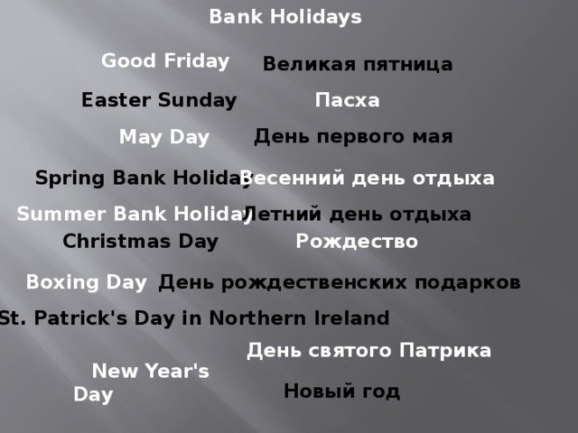 Bank Holidays  Good Friday Великая пятница Easter Sunday Пасха День первого мая May Day Spring Bank Holiday Весенний день отдыха Summer Bank Holiday Летний день отдыха Christmas Day Рождество День рождественских подарков Boxing Day St. Patrick's Day in Northern Ireland День святого Патрика New Year's Day  Новый год 