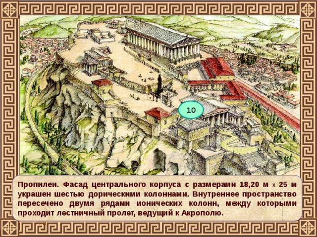 10 Пропилеи. Фасад центрального корпуса с размерами 18,20 м X 25 м украшен шестью дорическими колоннами. Внутреннее пространство пересечено двумя рядами ионических колонн, между которыми проходит лестничный пролет, ведущий к Акрополю.  