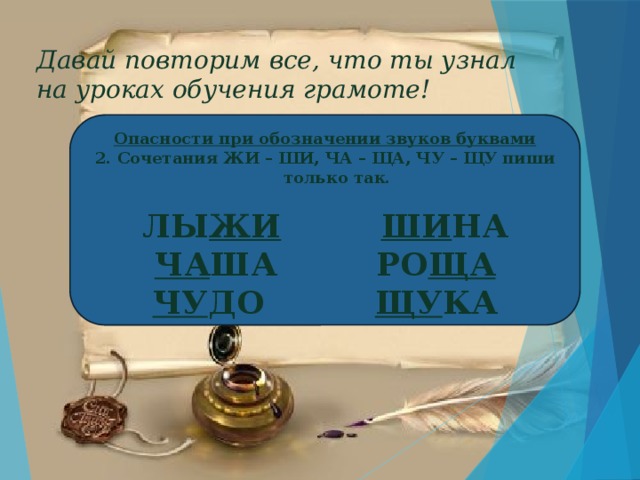 Давай повторим все, что ты узнал  на уроках обучения грамоте! Опасности при обозначении звуков буквами 2. Сочетания ЖИ – ШИ, ЧА – ЩА, ЧУ – ЩУ пиши только так.  ЛЫ ЖИ  ШИ НА ЧА ША РО ЩА ЧУ ДО ЩУ КА  