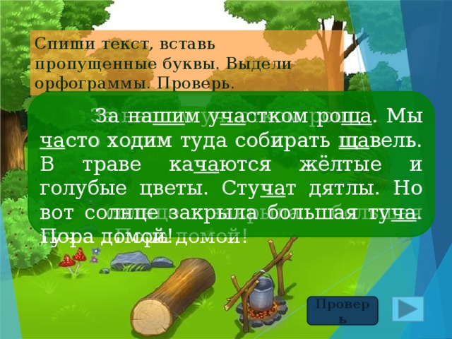 Спиши текст, вставь пропущенные буквы. Выдели орфограммы. Проверь.  За наш..м уч..стком рощ.. . Мы ч..сто ходим туда собирать щ..вель. В траве кач..ются жёлтые и голубые цветы. Стуч..т дятлы. Но вот солнце закрыла большая туч... . Пора домой!  За на ши м у ча стком ро ща . Мы ча сто ходим туда собирать ща вель. В траве ка ча ются жёлтые и голубые цветы. Сту ча т дятлы. Но вот солнце закрыла большая ту ча . Пора домой! Проверь 