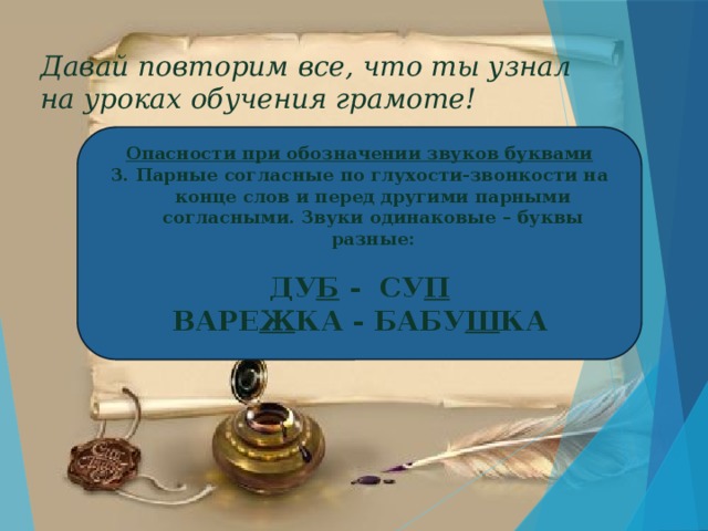 Давай повторим все, что ты узнал  на уроках обучения грамоте! Опасности при обозначении звуков буквами 3. Парные согласные по глухости-звонкости на конце слов и перед другими парными согласными. Звуки одинаковые – буквы разные:  ДУ Б - СУ П ВАРЕ Ж КА - БАБУ Ш КА  