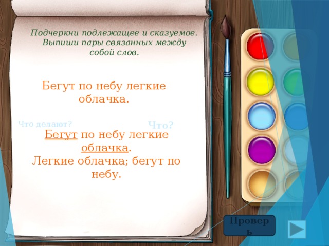 Подчеркни подлежащее и сказуемое. Выпиши пары связанных между собой слов. Бегут по небу легкие облачка. Что? Что делают? Бегут по небу легкие облачка . Легкие облачка; бегут по небу. Проверь 