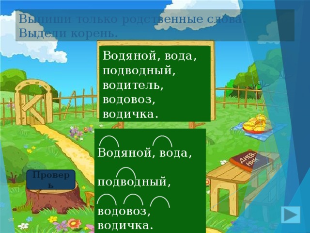 Выпиши только родственные слова. Выдели корень. Водяной, вода, подводный, водитель, водовоз, водичка. Водяной, вода, подводный, водовоз, водичка. Проверь 