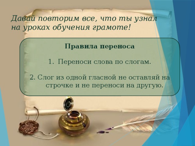 Давай повторим все, что ты узнал  на уроках обучения грамоте! Правила переноса  Переноси слова по слогам. 2. Слог из одной гласной не оставляй на строчке и не переноси на другую. 