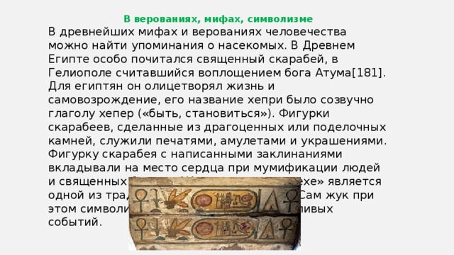 В верованиях, мифах, символизме В древнейших мифах и верованиях человечества можно найти упоминания о насекомых. В Древнем Египте особо почитался священный скарабей, в Гелиополе считавшийся воплощением бога Атума[181]. Для египтян он олицетворял жизнь и самовозрождение, его название хепри было созвучно глаголу хепер («быть, становиться»). Фигурки скарабеев, сделанные из драгоценных или поделочных камней, служили печатями, амулетами и украшениями. Фигурку скарабея с написанными заклинаниями вкладывали на место сердца при мумификации людей и священных быков. «Жук на грецком орехе» является одной из традиционных японских нэцкэ. Сам жук при этом символизирует предвестника счастливых событий. 