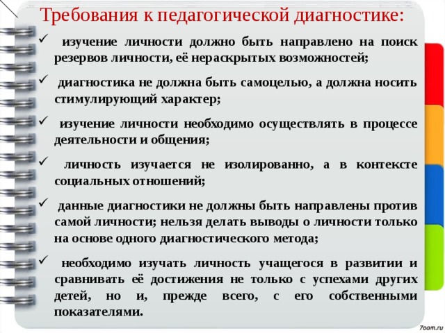 Требования к педагогической диагностике:  изучение личности должно быть направлено на поиск резервов личности, её нераскрытых возможностей;  диагностика не должна быть самоцелью, а должна носить стимулирующий характер;  изучение личности необходимо осуществлять в процессе деятельности и общения;  личность изучается не изолированно, а в контексте социальных отношений;  данные диагностики не должны быть направлены против самой личности; нельзя делать выводы о личности только на основе одного диагностического метода;  необходимо изучать личность учащегося в развитии и сравнивать её достижения не только с успехами других детей, но и, прежде всего, с его собственными показателями. 