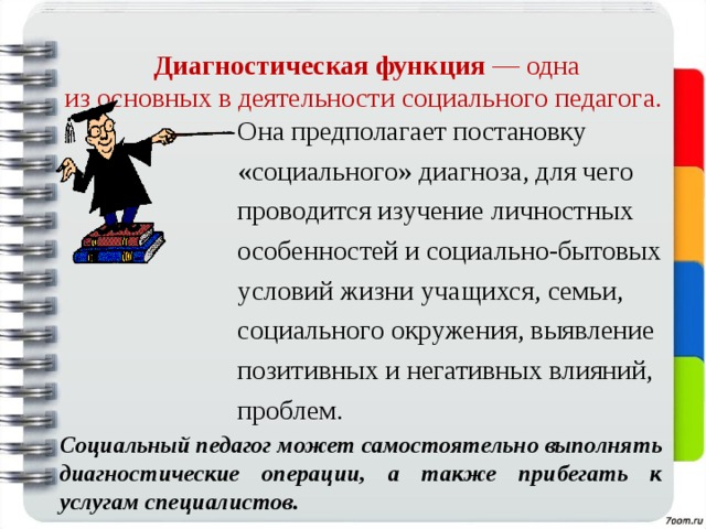   Диагностическая функция — одна  из основных в деятельности социального педагога.   Она предполагает постановку «социального» диагноза, для чего проводится изучение личностных особенностей и социально-бытовых условий жизни учащихся, семьи, социального окружения, выявление позитивных и негативных влияний, проблем.  Социальный педагог может самостоятельно выполнять диагностические операции, а также прибегать к услугам специалистов. 