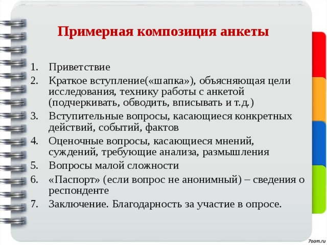 Примерная композиция анкеты Приветствие Краткое вступление(«шапка»), объясняющая цели исследования, технику работы с анкетой (подчеркивать, обводить, вписывать и т.д.) Вступительные вопросы, касающиеся конкретных действий, событий, фактов Оценочные вопросы, касающиеся мнений, суждений, требующие анализа, размышления Вопросы малой сложности «Паспорт» (если вопрос не анонимный) – сведения о респонденте Заключение. Благодарность за участие в опросе. 