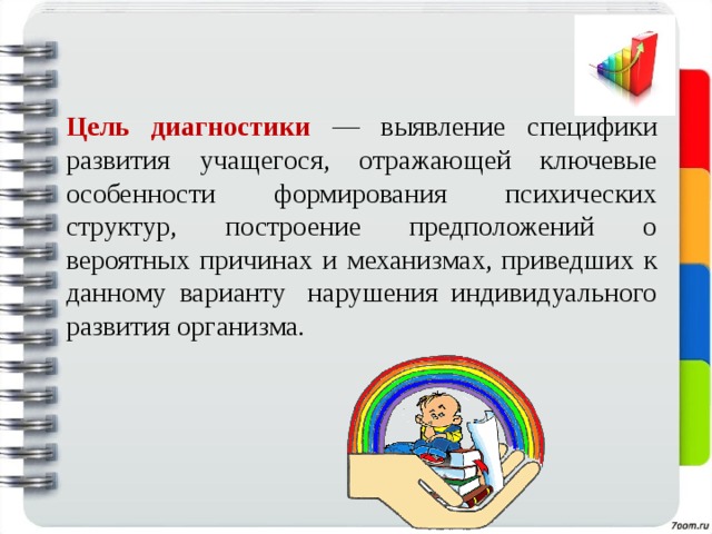 Цель диагностики — выявление специфики развития учащегося, отражающей ключевые особенности формирования психических структур, построение предположений о вероятных причинах и механизмах, приведших к данному варианту   нарушения индивидуального развития организма. 