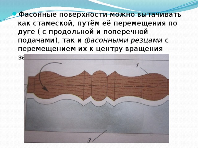 Фасонные поверхности можно вытачивать как стамеской, путём её перемещения по дуге ( с продольной и поперечной подачами), так и фасонными резцами с перемещением их к центру вращения заготовки, т.е. с поперечной подачей. 