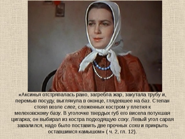 «Аксинья отстряпалась рано, загребла жар, закутала трубу и, перемыв посуду, выглянула в оконце, глядевшее на  баз . Степан стоял возле  слег , сложенных костром у плетня к мелеховскому  базу . В уголочке твердых губ его висела потухшая цигарка; он выбирал из костра подходящую  соху . Левый угол сарая завалился, надо было поставить две прочных  сохи  и прикрыть оставшимся камышом» ( ч. 2, гл. 12).   