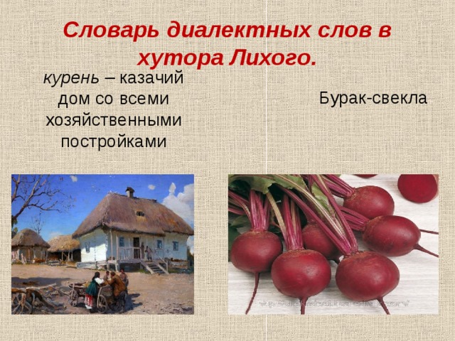 Словарь диалектных слов в хутора Лихого. курень  – казачий дом со всеми хозяйственными постройками Бурак-свекла 