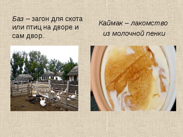 Баз  – загон для скота или птиц на дворе и сам двор.  Каймак – лакомство  из молочной пенки 