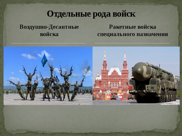 Отдельные рода войск Воздушно-Десантные войска Ракетные войска специального назначения 