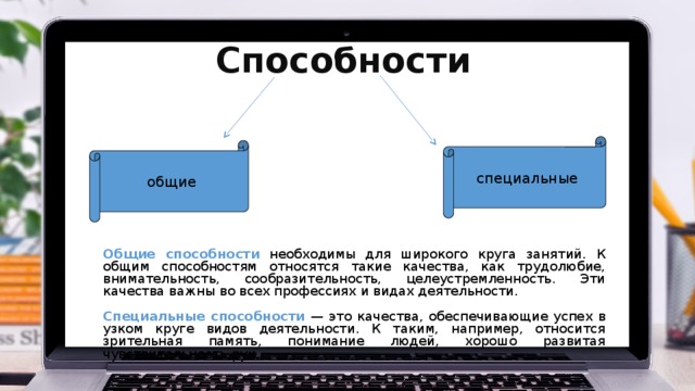 Способности специальные общие Общие способности  необходимы для широкого круга занятий. К общим способностям относятся такие качества, как трудолюбие, внимательность, сообразительность, целеустремленность. Эти качества важны во всех профессиях и видах деятельности.  Специальные способности  — это качества, обеспечивающие успех в узком круге видов деятельности. К таким, например, относится зрительная память, понимание людей, хорошо развитая чувствительность рук.  