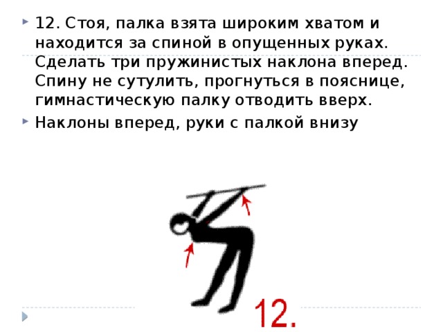 12. Стоя, палка взята широким хватом и находится за спиной в опущенных руках. Сделать три пружинистых наклона вперед. Спину не сутулить, прогнуться в пояснице, гимнастическую палку отводить вверх. Наклоны вперед, руки с палкой внизу 