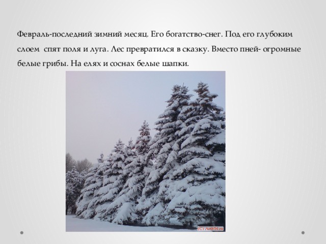 Февраль-последний зимний месяц. Его богатство-снег. Под его глубоким слоем спят поля и луга. Лес превратился в сказку. Вместо пней- огромные белые грибы. На елях и соснах белые шапки.   