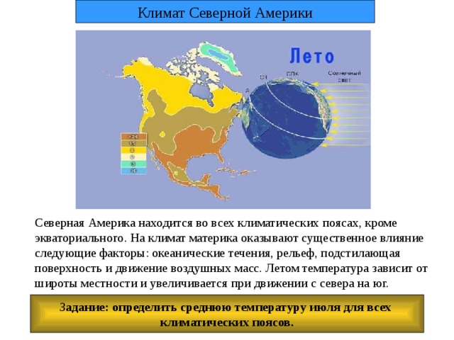 Климат Северной Америки Северная Америка находится во всех климатических поясах, кроме экваториального. На климат материка оказывают существенное влияние следующие факторы: океанические течения, рельеф, подстилающая поверхность и движение воздушных масс. Летом температура зависит от широты местности и увеличивается при движении с севера на юг. З адание: определить среднюю температуру июля для всех климатических поясов. 