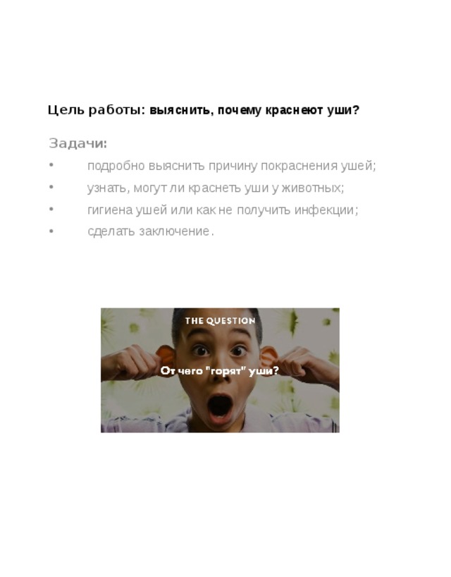 Цель работы : выяснить, почему краснеют уши?   Задачи: подробно выяснить причину покраснения ушей; узнать, могут ли краснеть уши у животных; гигиена ушей или как не получить инфекции; сделать заключение. 