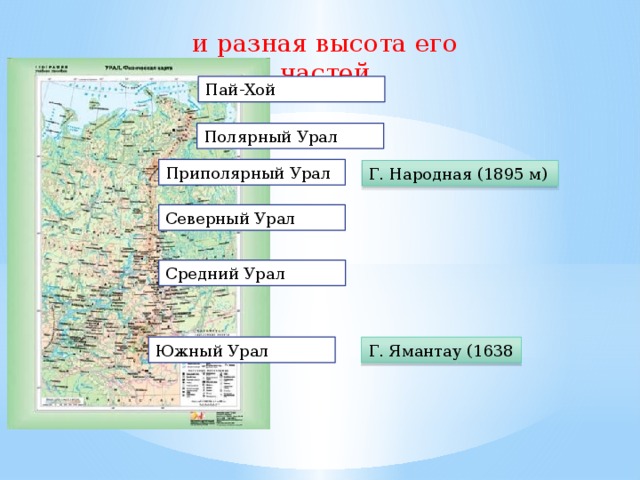 и разная высота его частей Пай-Хой Полярный Урал Приполярный Урал Г. Народная (1895 м) Северный Урал Средний Урал Южный Урал Г. Ямантау (1638 