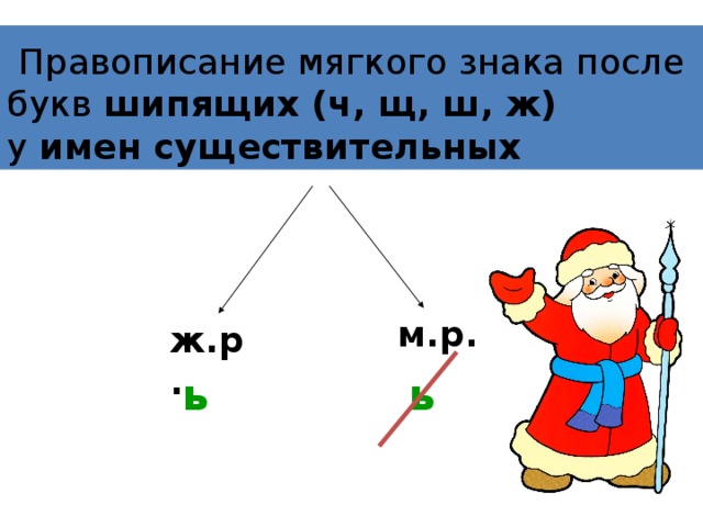  Правописание мягкого знака после букв шипящих (ч, щ, ш, ж)  у имен существительных м.р. ж.р. ь ь 