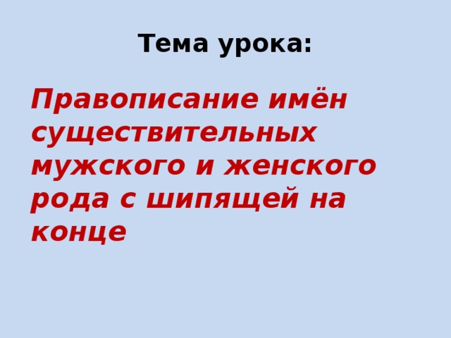 Тема урока: Правописание имён существительных мужского и женского рода с шипящей на конце 