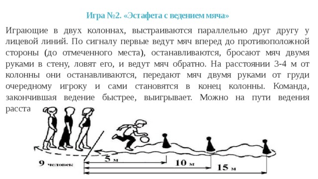 Игра №2. «Эстафета с ведением мяча»   Играющие в двух колоннах, выстраиваются параллельно друг другу у лицевой линий. По сигналу первые ведут мяч вперед до противоположной стороны (до отмеченного места), останавливаются, бросают мяч двумя руками в стену, ловят его, и ведут мяч обратно. На расстоянии 3-4 м от колонны они останавливаются, передают мяч двумя руками от груди очередному игроку и сами становятся в конец колонны. Команда, закончившая ведение быстрее, выигрывает. Можно на пути ведения расставить булавы, тогда игроки должны вести мяч, обводя их. 