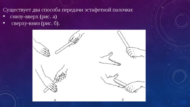 Существует два способа передачи эстафетной палочки: снизу-вверх (рис. а)  сверху-вниз (рис. б). 