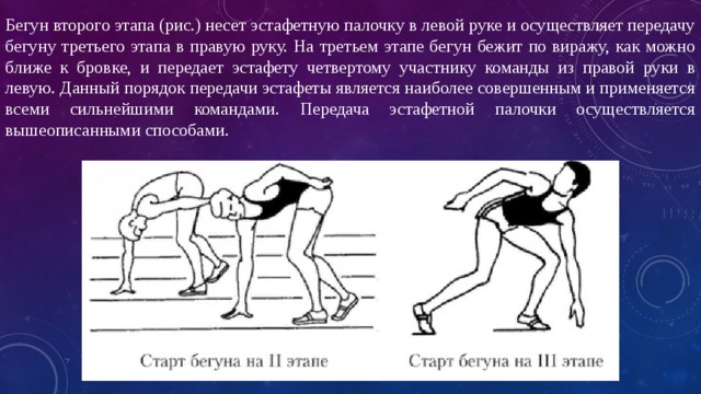 Бегун второго этапа (рис.) несет эстафетную палочку в левой руке и осуществляет передачу бегуну третьего этапа в правую руку. На третьем этапе бегун бежит по виражу, как можно ближе к бровке, и передает эстафету четвертому участнику команды из правой руки в левую. Данный порядок передачи эстафеты является наиболее совершенным и применяется всеми сильнейшими командами. Передача эстафетной палочки осуществляется вышеописанными способами. 