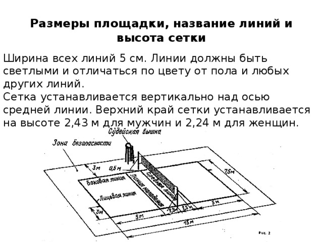 Размеры площадки, название линий и высота сетки Ширина всех линий 5 см. Линии должны быть светлыми и отличаться по цвету от пола и любых других линий. Сетка устанавливается вертикально над осью средней линии. Верхний край сетки устанавливается на высоте 2,43 м для мужчин и 2,24 м для женщин. 