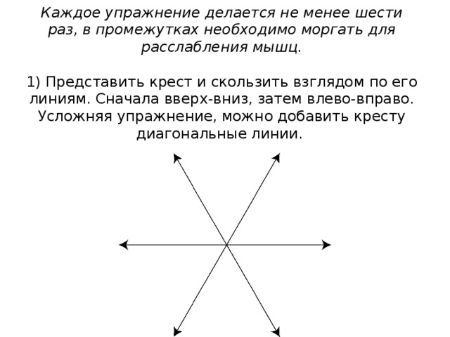 Каждое упражнение делается не менее шести раз, в промежутках необходимо моргать для расслабления мышц.    1) Представить крест и скользить взглядом по его линиям. Сначала вверх-вниз, затем влево-вправо. Усложняя упражнение, можно добавить кресту диагональные линии.   