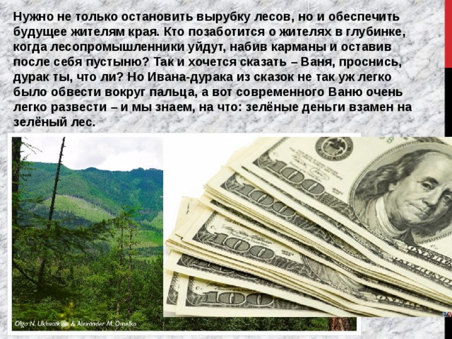 Нужно не только остановить вырубку лесов, но и обеспечить будущее жителям края. Кто позаботится о жителях в глубинке, когда лесопромышленники уйдут, набив карманы и оставив после себя пустыню? Так и хочется сказать – Ваня, проснись, дурак ты, что ли? Но Ивана-дурака из сказок не так уж легко было обвести вокруг пальца, а вот современного Ваню очень легко развести – и мы знаем, на что: зелёные деньги взамен на зелёный лес. 