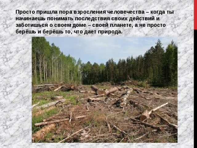 Просто пришла пора взросления человечества – когда ты начинаешь понимать последствия своих действий и заботишься о своем доме – своей планете, а не просто берёшь и берёшь то, что дает природа. 