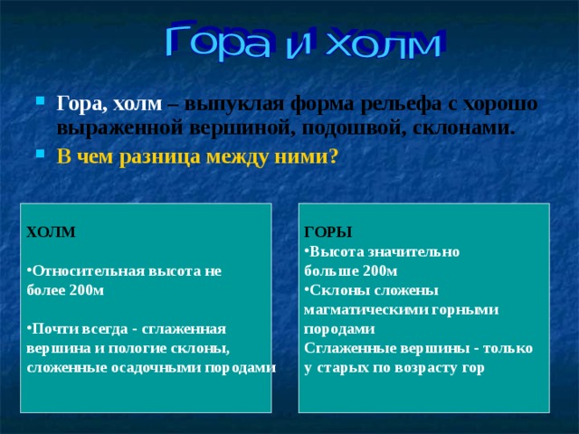 Гора, холм – выпуклая форма рельефа с хорошо выраженной вершиной, подошвой, склонами. В чем разница между ними?    ГОРЫ Высота значительно ХОЛМ  больше 200м Относительная высота не Склоны сложены более 200м  магматическими горными породами Сглаженные вершины - только у старых по возрасту гор   Почти всегда - сглаженная вершина и пологие склоны, сложенные осадочными породами   