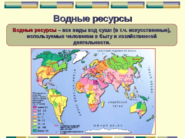 Водные ресурсы Водные ресурсы – все виды вод суши (в т.ч. искусственные), используемые человеком в быту и хозяйственной деятельности.  