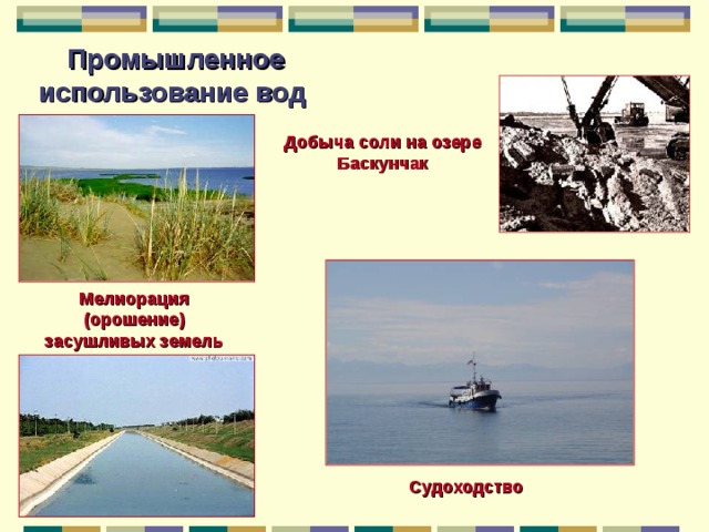 Промышленное использование вод Добыча соли на озере Баскунчак Мелиорация (орошение) засушливых земель  Судоходство  