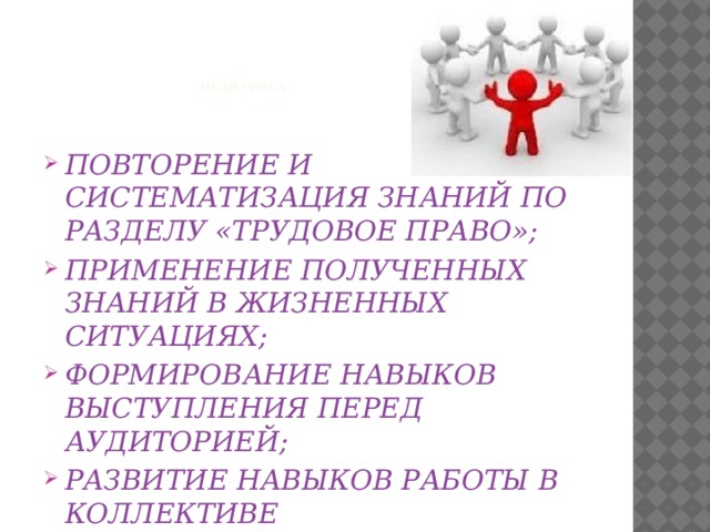     ЦЕЛи УРОКА:   ПОВТОРЕНИЕ И СИСТЕМАТИЗАЦИЯ ЗНАНИЙ ПО РАЗДЕЛУ «ТРУДОВОЕ ПРАВО»; ПРИМЕНЕНИЕ ПОЛУЧЕННЫХ ЗНАНИЙ В ЖИЗНЕННЫХ СИТУАЦИЯХ; ФОРМИРОВАНИЕ НАВЫКОВ ВЫСТУПЛЕНИЯ ПЕРЕД АУДИТОРИЕЙ; РАЗВИТИЕ НАВЫКОВ РАБОТЫ В КОЛЛЕКТИВЕ 