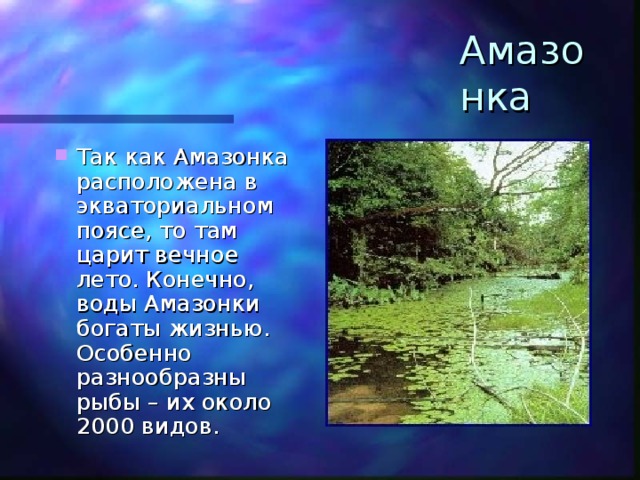 Амазонка   Так как Амазонка расположена в экваториальном поясе, то там царит вечное лето. Конечно, воды Амазонки богаты жизнью. Особенно разнообразны рыбы – их около 2000 видов. 