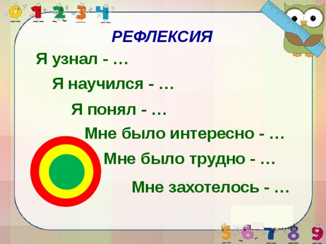 РЕФЛЕКСИЯ Я узнал - … Я научился - … Я понял - … Мне было интересно - … Мне было трудно - … Мне захотелось - … 