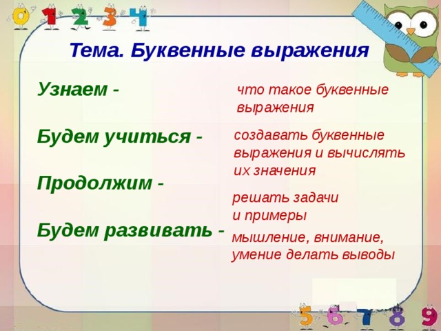 Тема. Буквенные выражения Узнаем - Будем учиться - Продолжим - Будем развивать - что такое буквенные выражения создавать буквенные выражения и вычислять их значения решать задачи и примеры мышление, внимание, умение делать выводы 