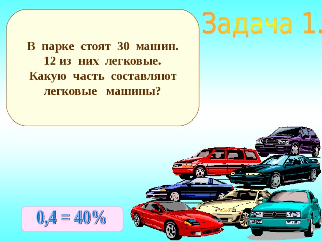 В парке стоят 30 машин.  из них легковые. Какую часть составляют легковые машины? Решение на доске и в тетрадях 11 