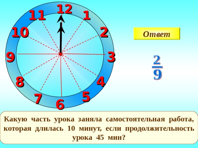 12 11 1 10 2 Ответ 3 9 4 8 5 7 Работа с классом 6 Какую часть урока заняла самостоятельная работа, которая длилась 10 минут, если продолжительность урока 45 мин? 14 
