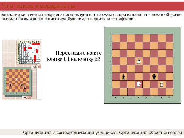 Что такое координаты Переставьте коня с клетки b1 на клетку d2. Организация и самоорганизация учащихся. Организация обратной связи 