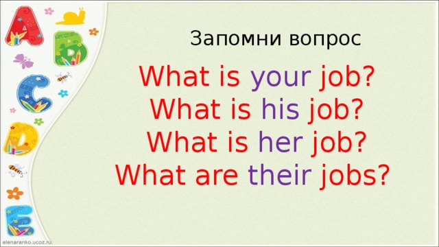 Запомни вопрос What is your job? What is his job? What is her job? What are their jobs? 