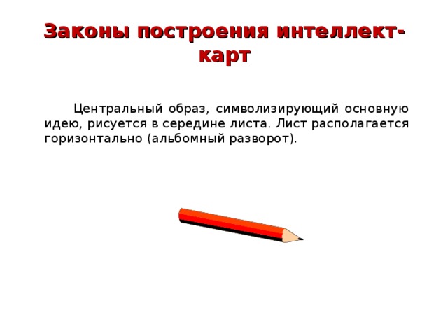 Законы построения интеллект-кар т  Центральный образ , символизирующий основную идею , рисуется в середине листа. Лист располага е т ся горизонтально ( альбомный разворот ). 