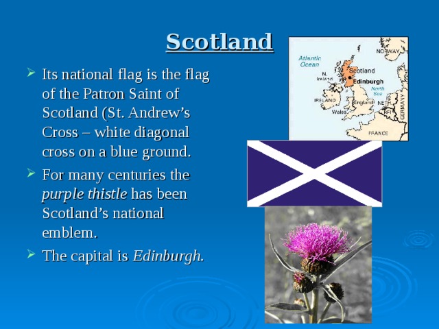 Scotland Its national flag is the flag of the Patron Saint of Scotland (St. Andrew’s Cross – white diagonal cross on a blue ground. For many centuries the purple thistle has been Scotland’s national emblem. The capital is Edinburgh. 