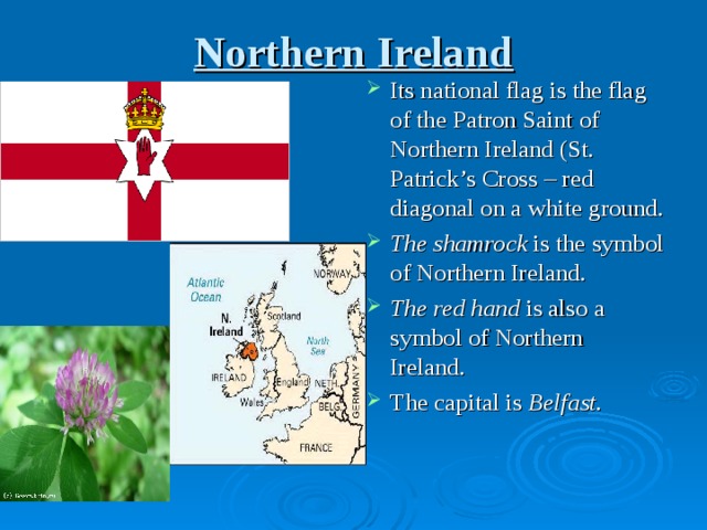 Northern Ireland Its national flag is the flag of the Patron Saint of Northern Ireland (St. Patrick’s Cross – red diagonal on a white ground. The shamrock is the symbol of Northern Ireland. The red hand is also a symbol of Northern Ireland. The capital is Belfast. 