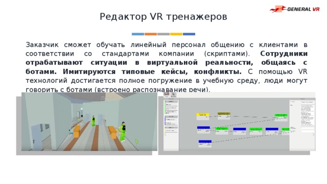 Редактор VR тренажеров Заказчик сможет обучать линейный персонал общению с клиентами в соответствии со стандартами компании (скриптами). Сотрудники отрабатывают ситуации в виртуальной реальности, общаясь с ботами. Имитируются типовые кейсы, конфликты. С помощью VR технологий достигается полное погружение в учебную среду, люди могут говорить с ботами (встроено распознавание речи). 