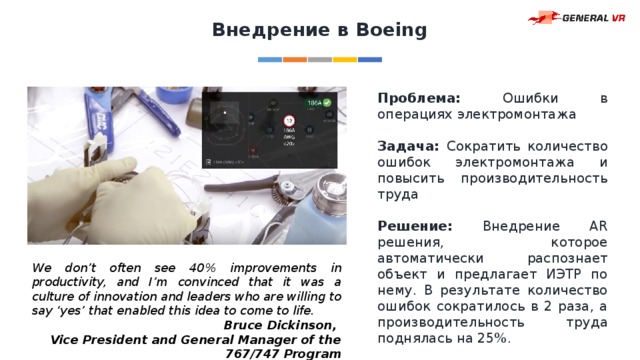 Внедрение в Boeing Проблема: Ошибки в операциях электромонтажа Задача: Сократить количество ошибок электромонтажа и повысить производительность труда Решение: Внедрение AR решения, которое автоматически распознает объект и предлагает ИЭТР по нему. В результате количество ошибок сократилось в 2 раза, а производительность труда поднялась на 25%. We don’t often see 40% improvements in productivity, and I’m convinced that it was a culture of innovation and leaders who are willing to say ‘yes’ that enabled this idea to come to life. Bruce Dickinson, Vice President and General Manager of the 767/747 Program 